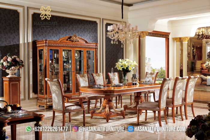 Set Meja Makan Jati Solid Klasik Mewah Royal Empire Formasi 8 Kursi