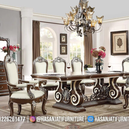 Set Meja Makan Jati Solid Klasik Mewah Versailles Formasi 8 Kursi