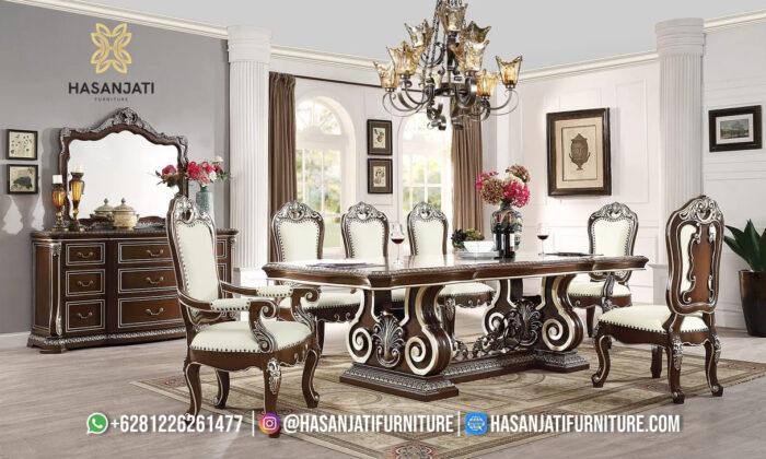 Set Meja Makan Jati Solid Klasik Mewah Versailles Formasi 8 Kursi