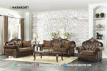 Set Sofa Tamu Jati Klasik Mewah Kulit Cokelat Dark Brown Gaya Eropa