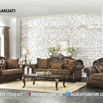 Set Sofa Tamu Jati Klasik Mewah Kulit Cokelat Dark Brown Gaya Eropa