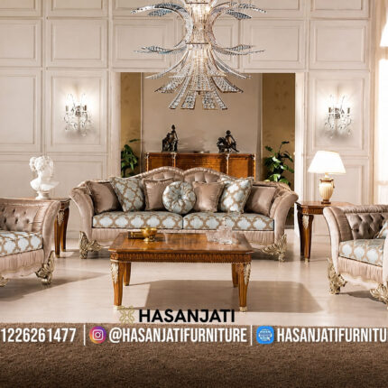 Set Sofa Tamu Klasik Mewah Warna Champagne Gold Gaya Eropa