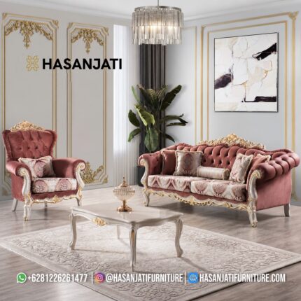 Set Sofa Tamu Klasik Mewah Warna Dusty Pink Gaya Eropa Ukiran Gold