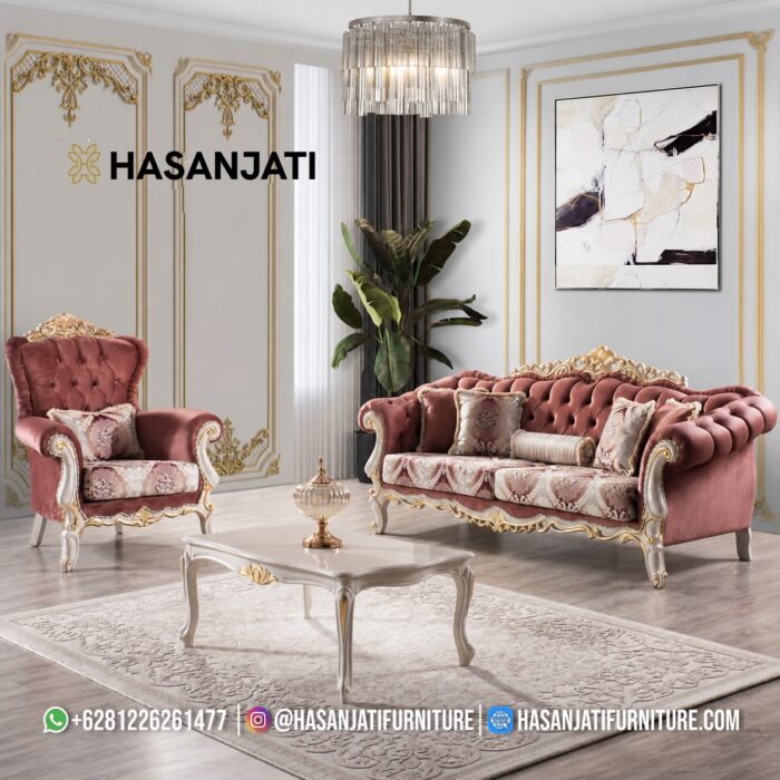 Set Sofa Tamu Klasik Mewah Warna Dusty Pink Gaya Eropa Ukiran Gold