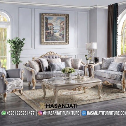 Set Sofa Tamu Klasik Mewah Warna Light Grey Gaya Eropa Ukiran Jepara Gold