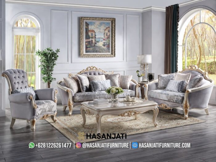 Set Sofa Tamu Klasik Mewah Warna Light Grey Gaya Eropa Ukiran Jepara Gold