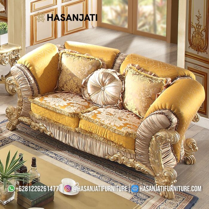 Sofa Sedang 2 Dudukan Ukiran Gold Gaya Eropa