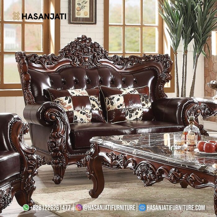 Sofa Sedang 2 Dudukan Ukiran Jati Klasik Mewah Warna Cokelat Kopi