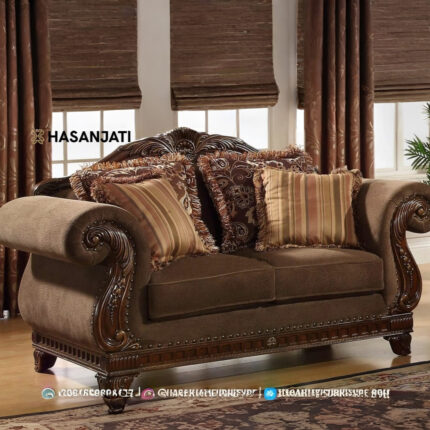 Sofa Sedang 2 Dudukan Ukiran Jati Klasik Mewah Warna Cokelat