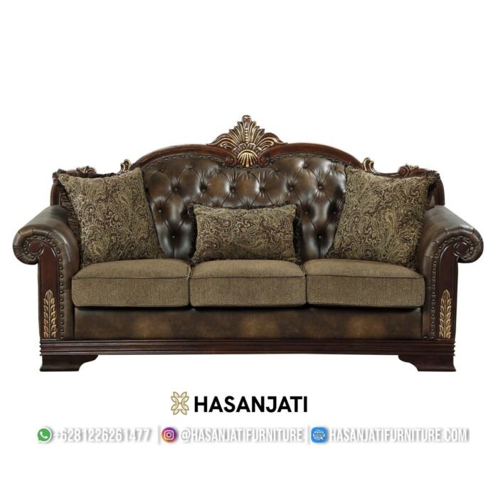 Sofa Panjang 3 Dudukan Kayu Jati Kulit Cokelat Tua Set Mewah