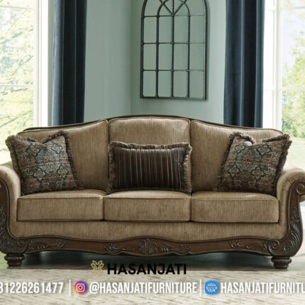 Sofa Panjang 3 Dudukan Kayu Jati Warna Mocha Brown Mewah