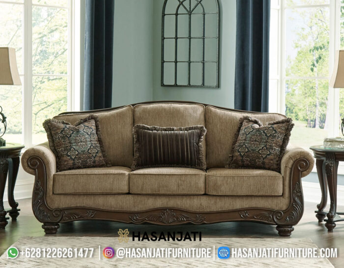 Sofa Panjang 3 Dudukan Kayu Jati Warna Mocha Brown Mewah
