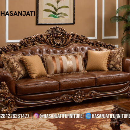 Sofa Panjang 3 Dudukan Kulit Cokelat Tua Set Sofa Mewah