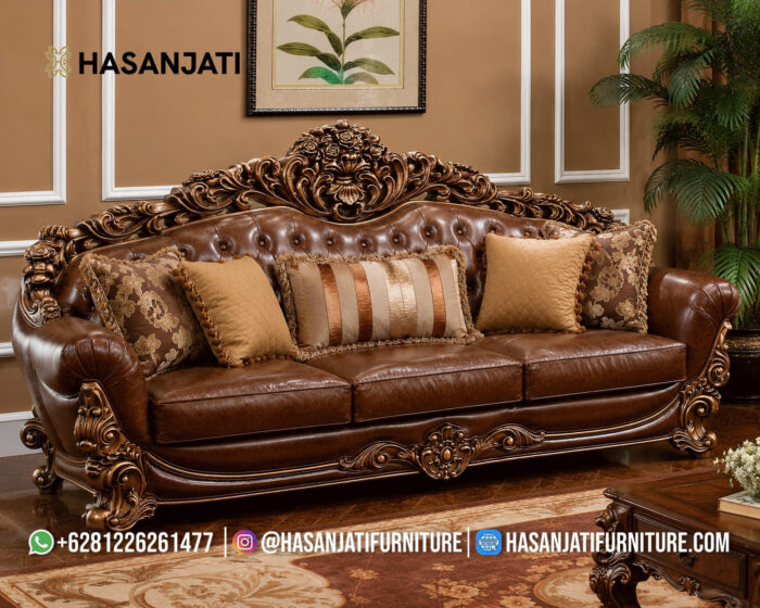 Sofa Panjang 3 Dudukan Kulit Cokelat Tua Set Sofa Mewah