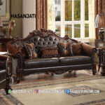 Sofa Panjang 3 Dudukan Kayu Jati Kulit Cokelat Tua Mewah