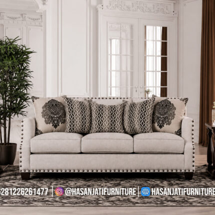 Sofa Panjang 3 Dudukan Warna Grey Aksen Paku Payung Mewah