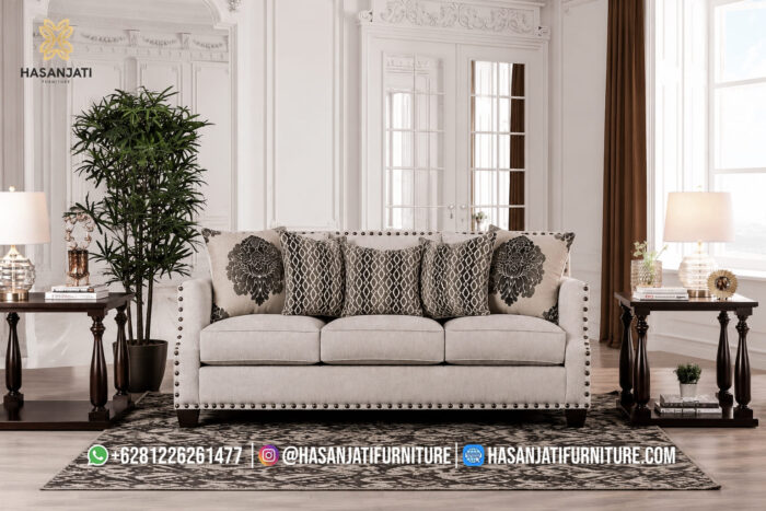 Sofa Panjang 3 Dudukan Warna Grey Aksen Paku Payung Mewah