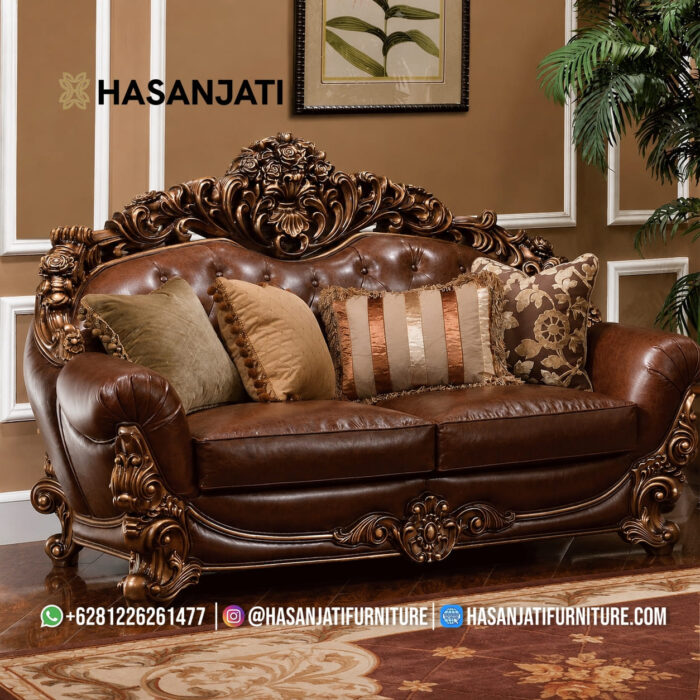 Sofa Sedang 2 Dudukan Ukiran Jati Klasik Mewah Royal Leather