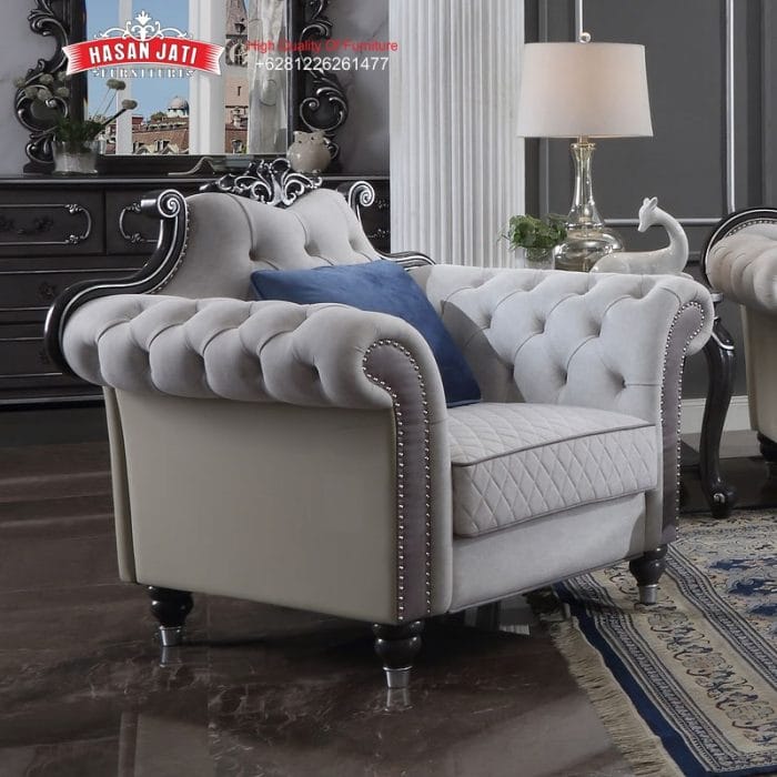 Kursi Single Mewah Warna Abu-Abu Set Sofa Tamu Klasik