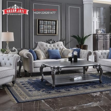 Set Sofa Tamu Klasik Mewah Grey Biru Gaya Eropa Ukiran Dark Silver