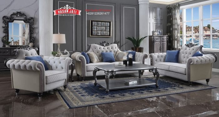 Set Sofa Tamu Klasik Mewah Grey Biru Gaya Eropa Ukiran Dark Silver