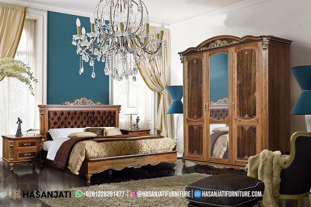 Tempat tidur classic ukir kayu jati Jepara dengan finishing warna cocoa