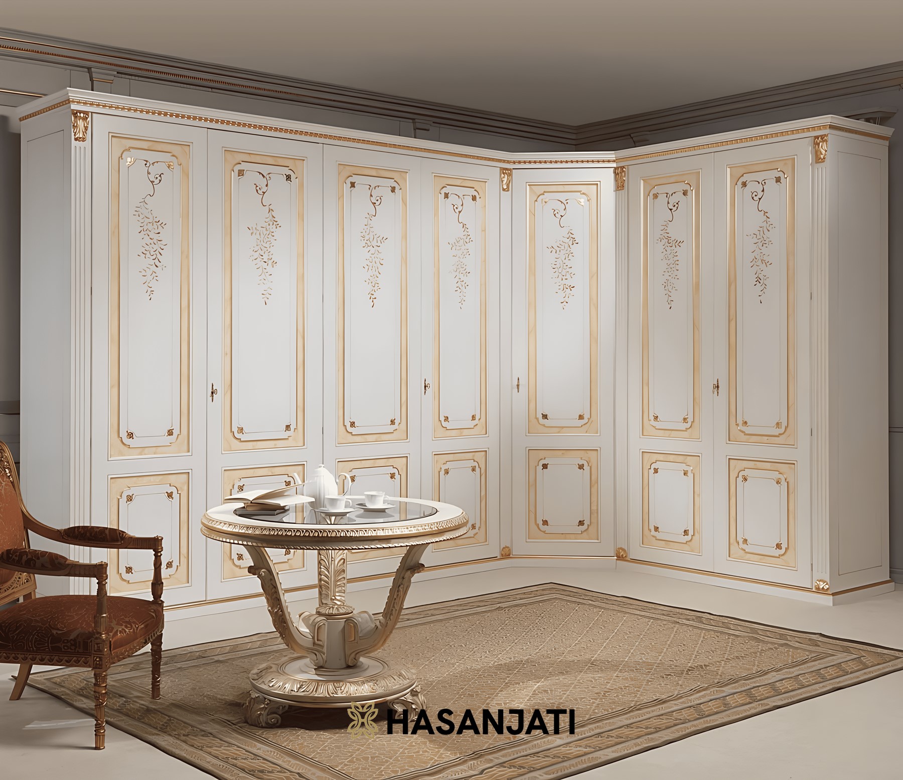 Wardrobe lemari pakaian mewah dengan desain klasik, warna putih dengan aksen emas, serta detail ukiran elegan untuk interior rumah berkelas