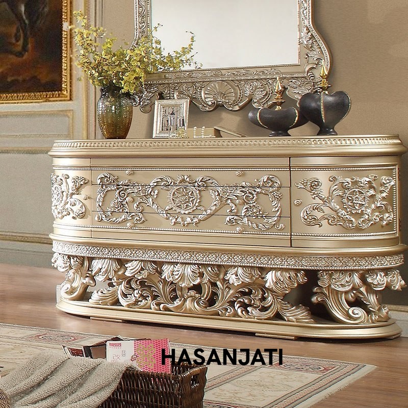 Bufet klasik mewah gold ukiran Jepara kayu jati finishing emas elegan