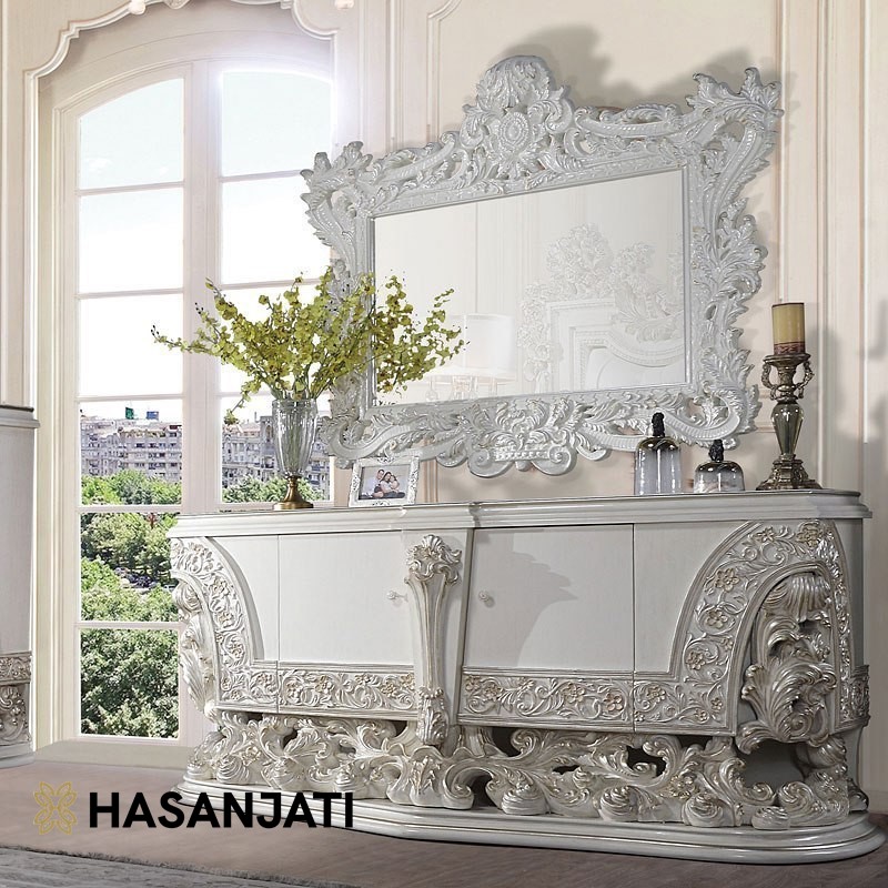 Bufet klasik mewah ruang makan finishing putih dengan mirror ukiran Jepara