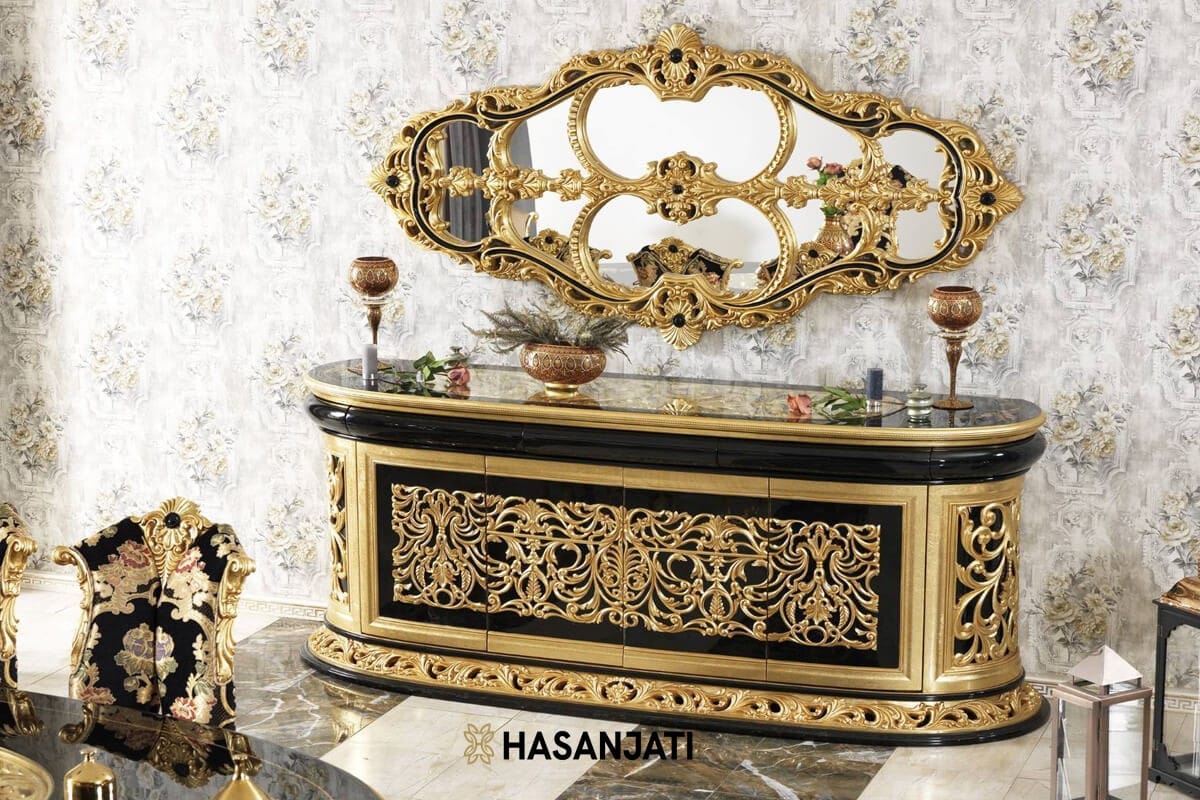 Bufet klasik ukiran Jepara finishing hitam gold mewah