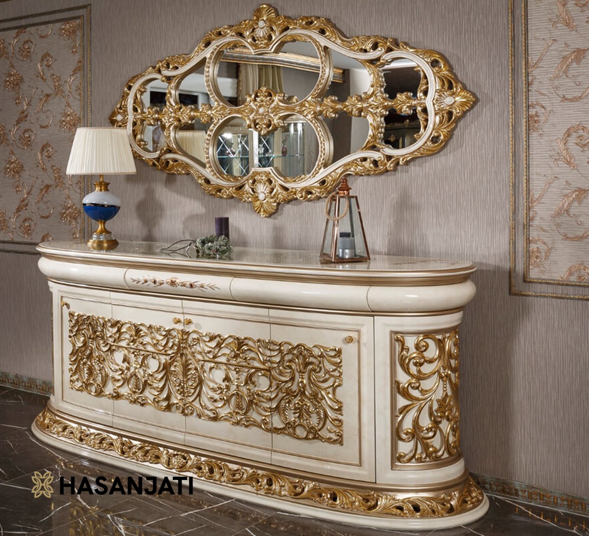 Bufet klasik ukiran Jepara finishing putih gold elegan