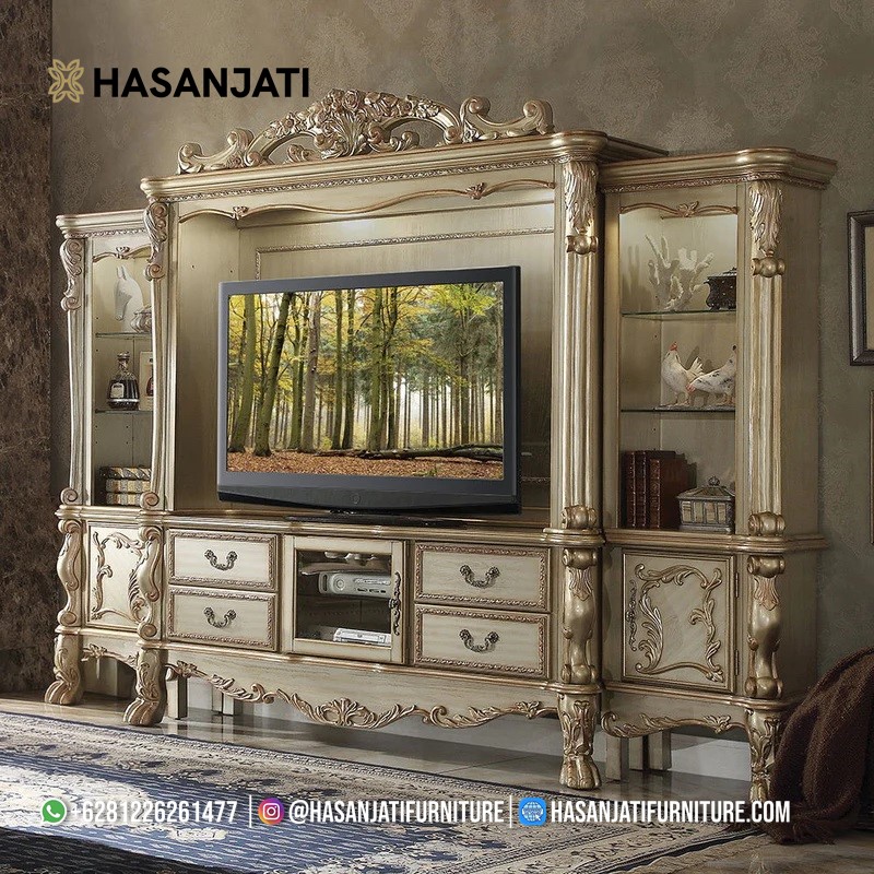 Set Bufet TV Klasik Mewah Ukiran Baroque Golden Ivory dengan aksen keemasan
