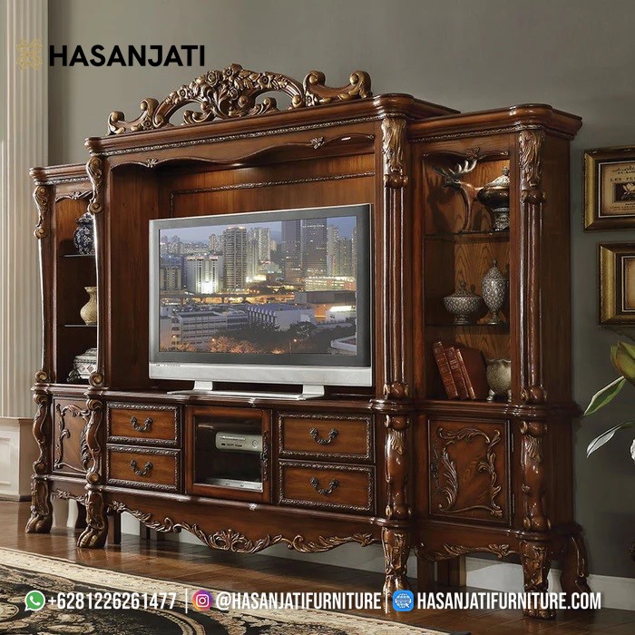 Set Bufet TV Klasik Mewah Ukiran Baroque Kayu Jati Cokelat Dark Walnut