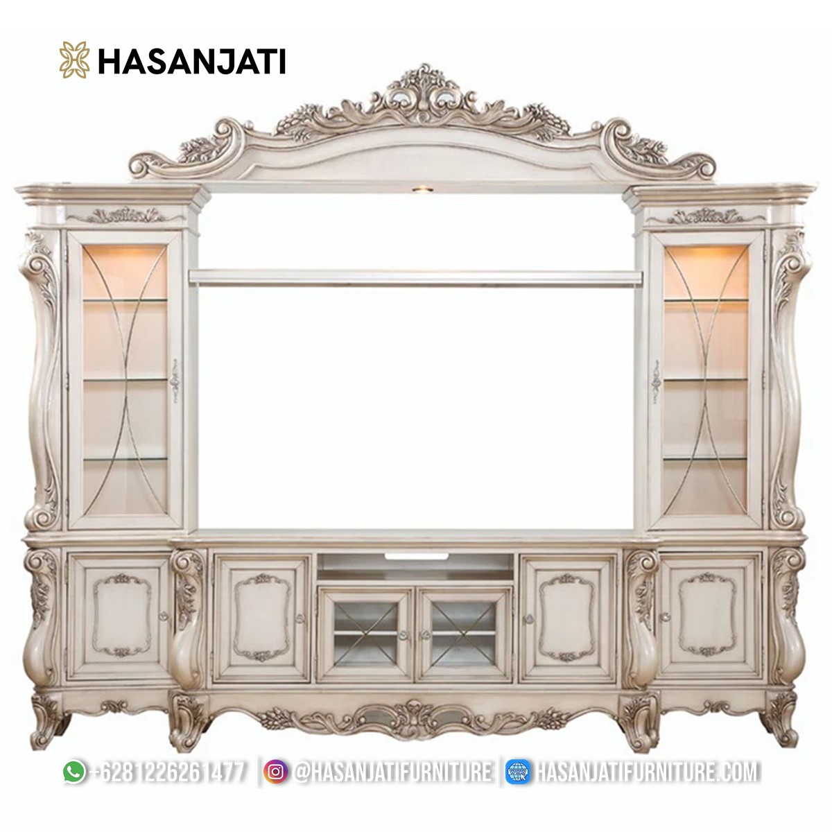 Bufet TV Klasik Mewah Golden Ivory set lengkap dengan pintu kaca display tertutup