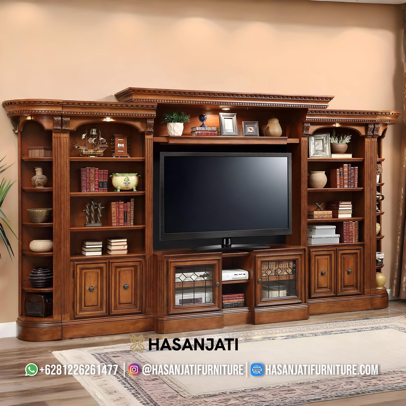 bufet tv klasik mewah kayu jati natural model panjang ukiran jepara