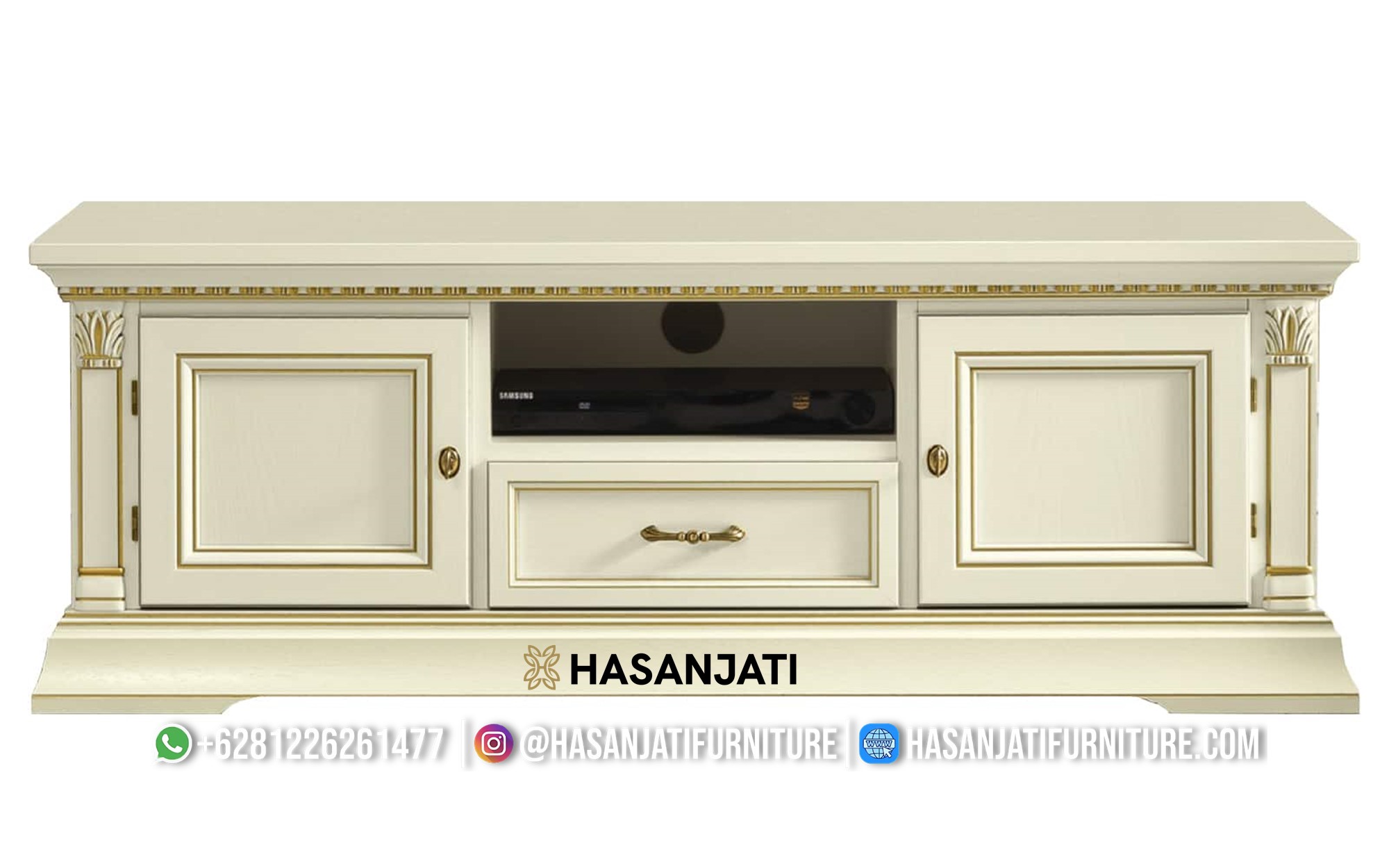bufet tv klasik putih duco ukiran jepara dengan laci dan pintu lemari penyimpanan