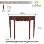 Infografis panduan detail ukuran panjang 100cm lebar 28cm dan tinggi 85cm produk meja konsol jati klasik tradisional.