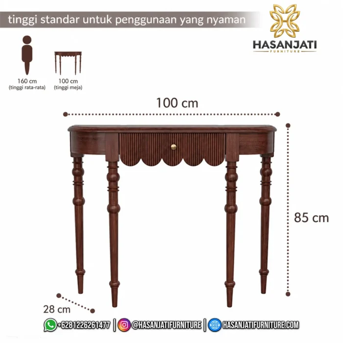 Infografis panduan detail ukuran panjang 100cm lebar 28cm dan tinggi 85cm produk meja konsol jati klasik tradisional.
