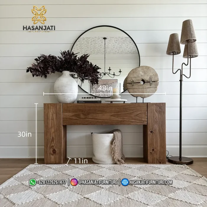 Infografis gambar detail ukuran panjang 48 inci, lebar 11 inci, dan tinggi 30 inci produk meja konsol jati solid block rustic