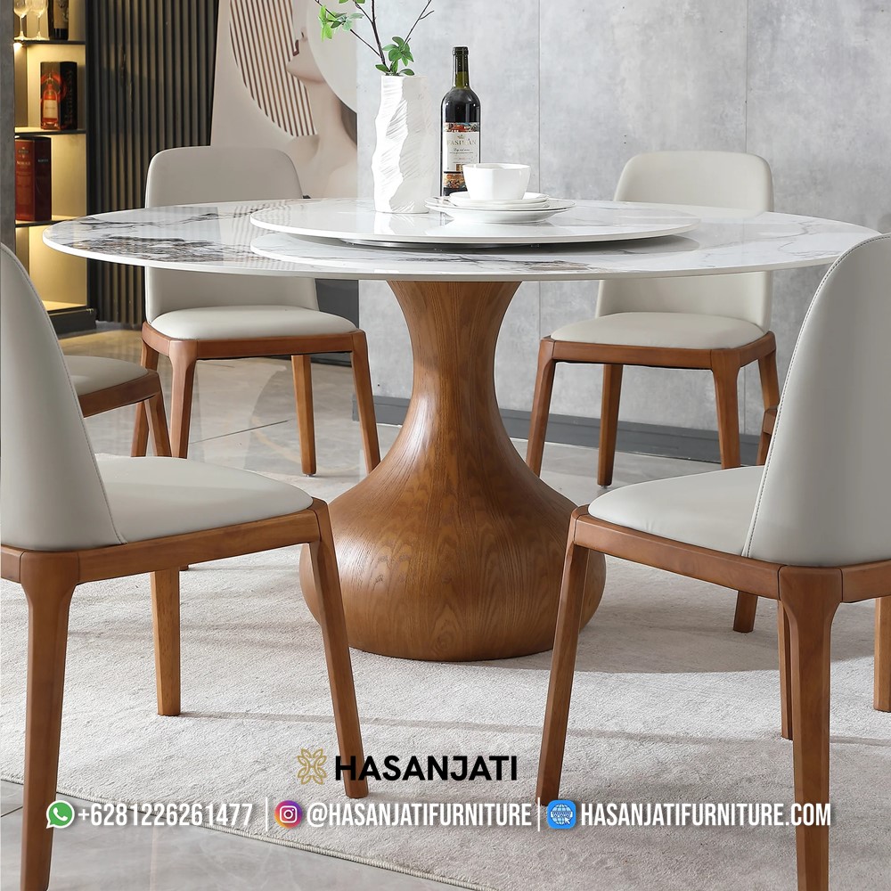 Detail kaki set meja makan mewah modern marmer bulat dengan fitur putar di tengah dan kaki kayu jati minimalis buatan Jepara.