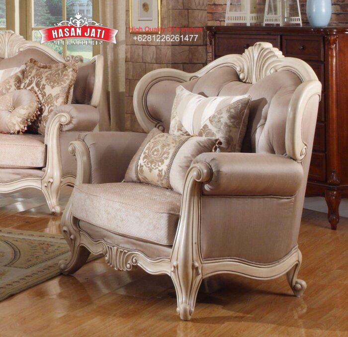 Detail Kursi Satuan Set Sofa Tamu Klasik Cream Mewah Gaya Eropa