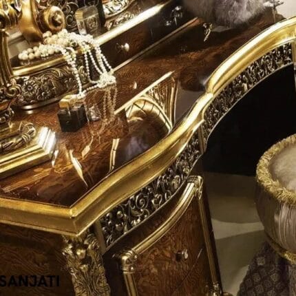 Detail ukiran dan laci meja rias jati mewah finishing gold elegan