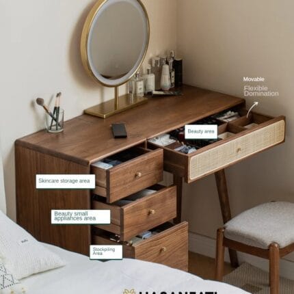 Detail laci meja rias jati modern warna brown dengan frame kaca stainless steel