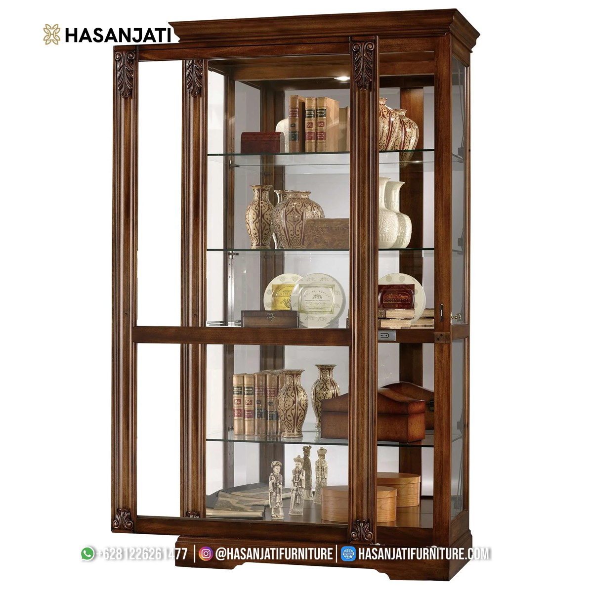 Detail lemari pajangan klasik mewah ukiran jati 1 pintu kaca sliding