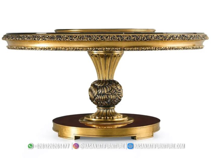 Detail Pilar Kaki Pedestal Tunggal Meja Makan Bundar Ukiran Emas