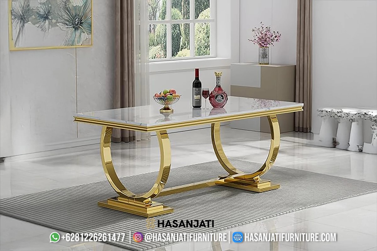 Detail meja makan mewah modern dengan top marmer putih carara dan kaki stainless gold elegan, cocok untuk ruang makan minimalis mewah khas Jepara.