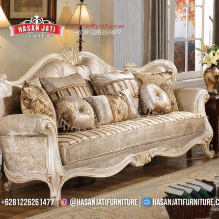 Sofa 3 Dudukan Set Sofa Tamu Klasik Cream Mewah Gaya Eropa