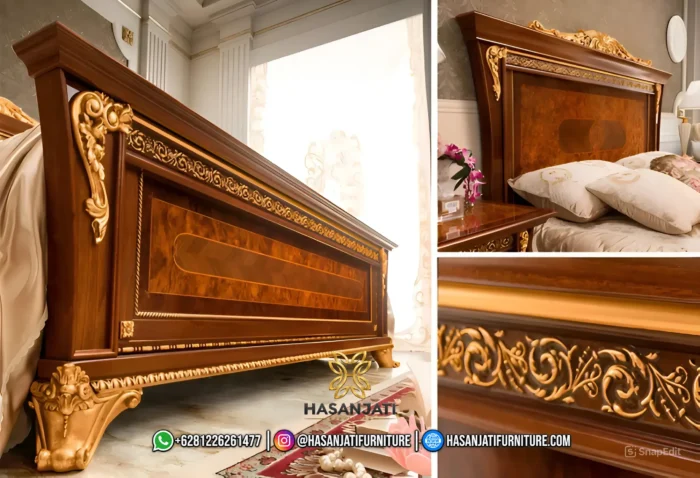 Detail ukiran emas gold leaf dan profil serat kayu jati eksotis pada bagian footboard dan headboard dipan seri Aida produk Hasan Jati Furniture.
