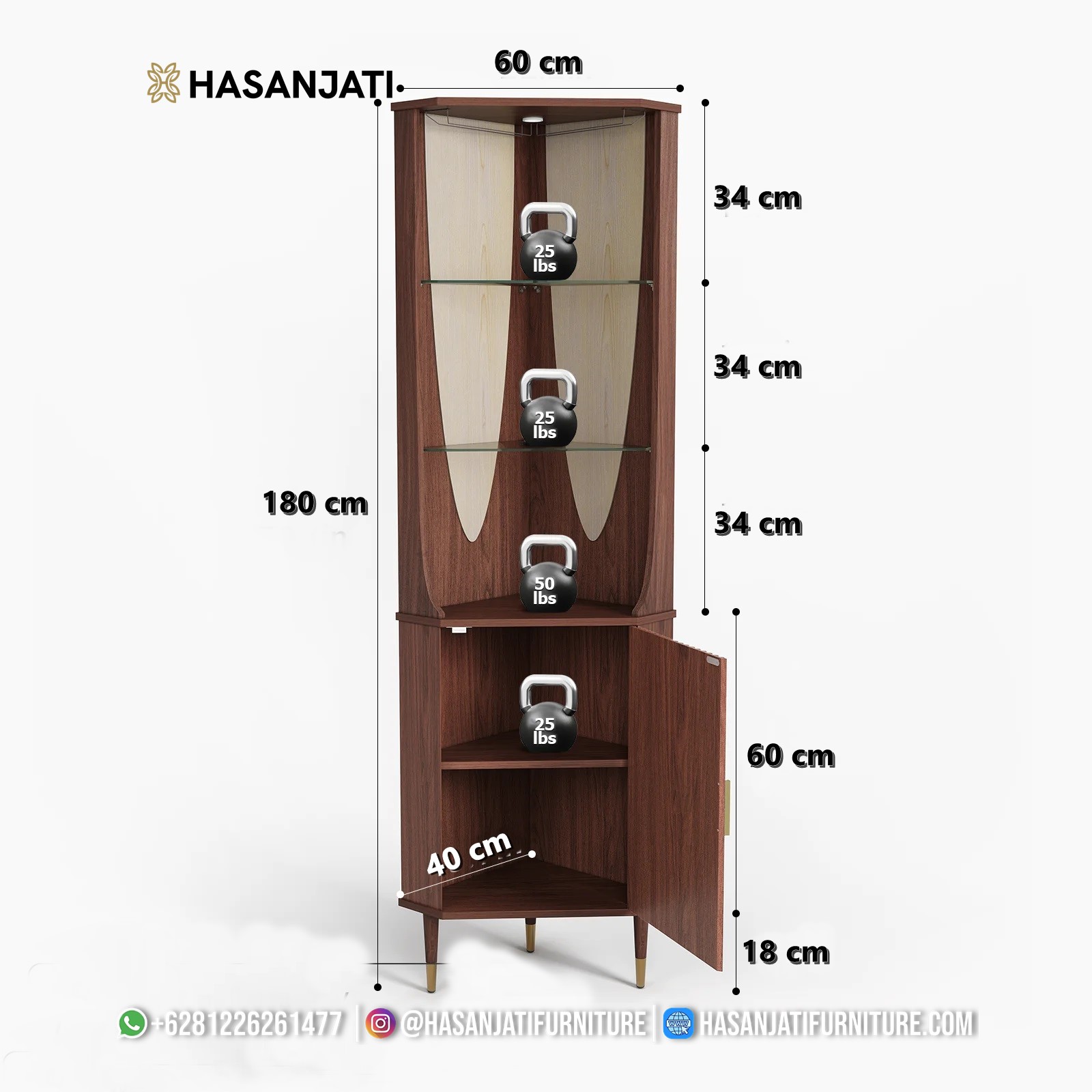 Detail ukuran lemari pajangan sudut kayu jati cokelat tua minimalis untuk dekorasi kamar tidur