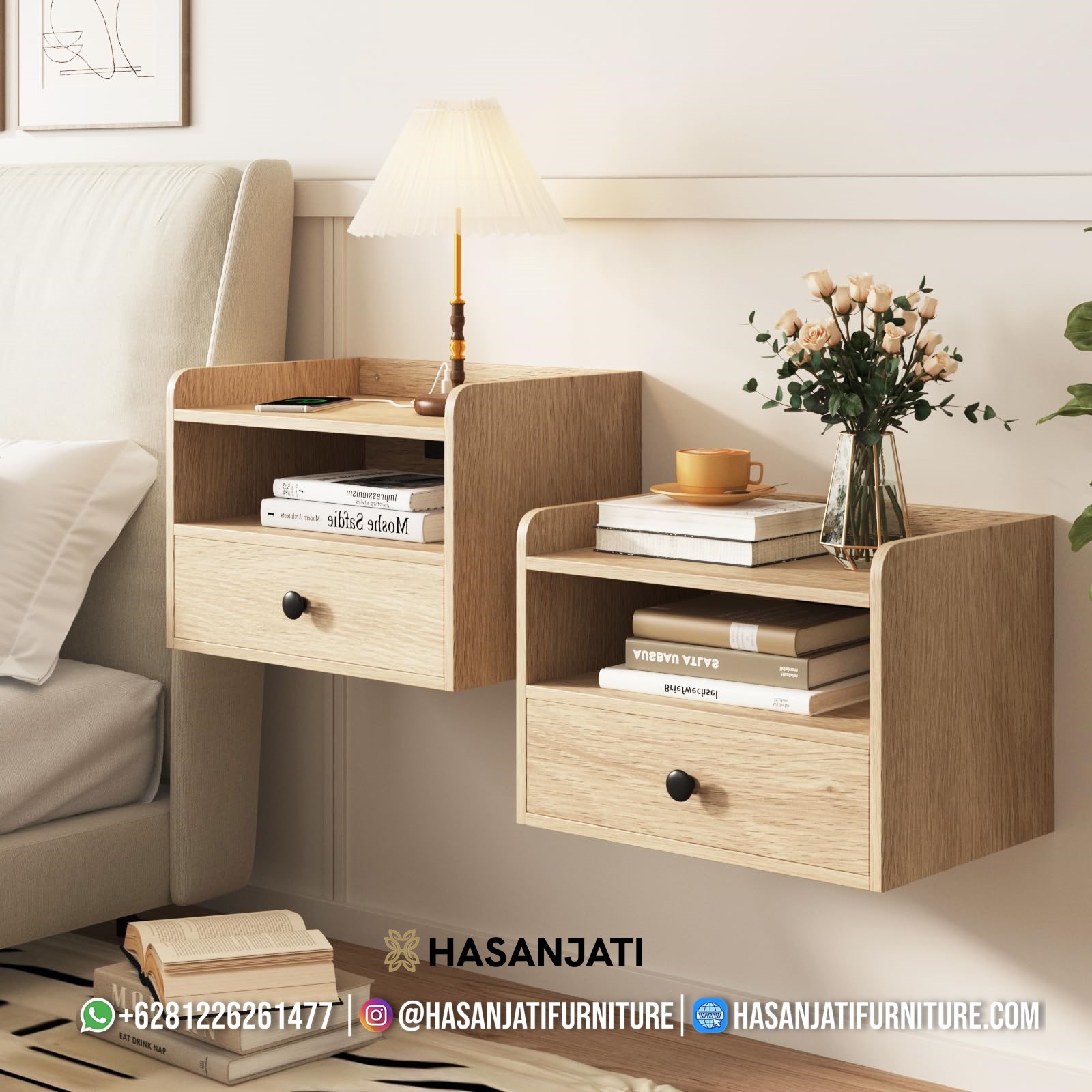 Nakas gantung warna natural dengan finishing melamine doff kayu jati Jepara